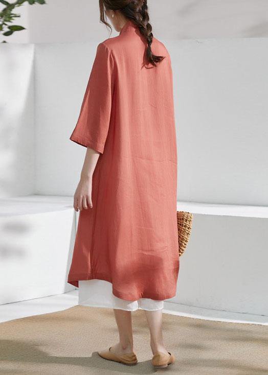 French Rust Embroideried Patchwork Button Summer Ramie Summer Dresses Half Sleeve - SooLinen