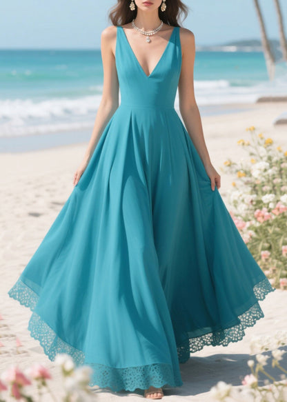 French Sea Blue Patchwork Exra Large Hem Chiffon Vacation Dress Summer