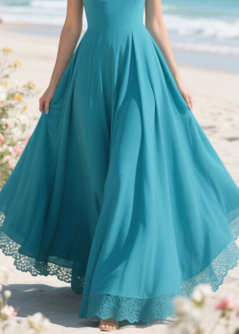 French Sea Blue Patchwork Exra Large Hem Chiffon Vacation Dress Summer