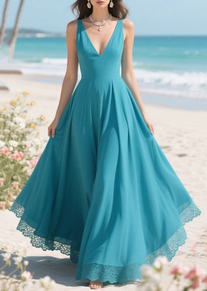 French Sea Blue Patchwork Exra Large Hem Chiffon Vacation Dress Summer