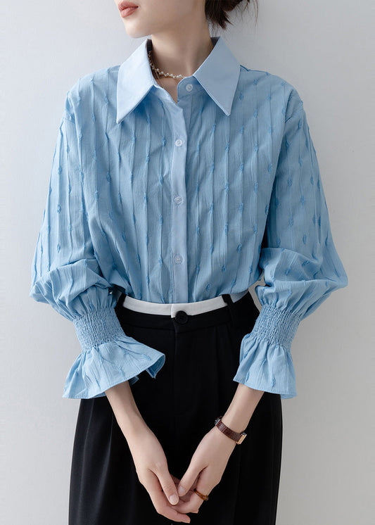 French Sky Blue Embroidered Striped Cotton Shirt Tops Flare Sleeve