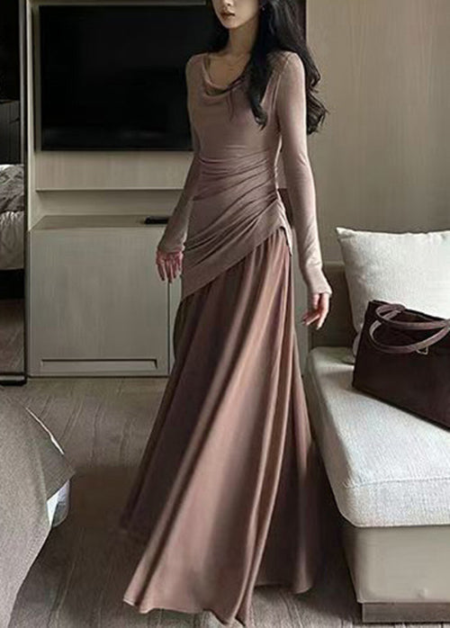 French Smoke Pink Patchwork Slim Fit Long Dresses Spring