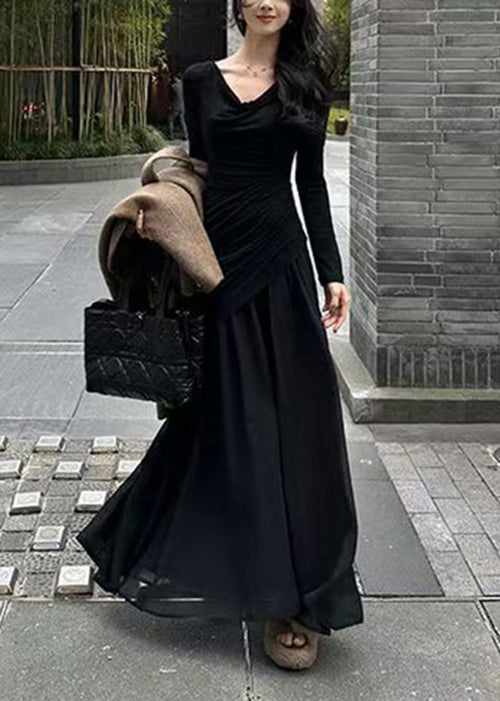 French Smoke Pink Patchwork Slim Fit Long Dresses Spring