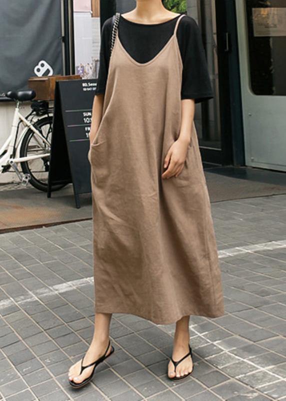 French Spaghetti Strap linen cotton Soft Surroundings khaki Dresses - SooLinen