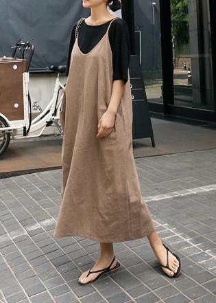 French Spaghetti Strap linen cotton Soft Surroundings khaki Dresses - SooLinen