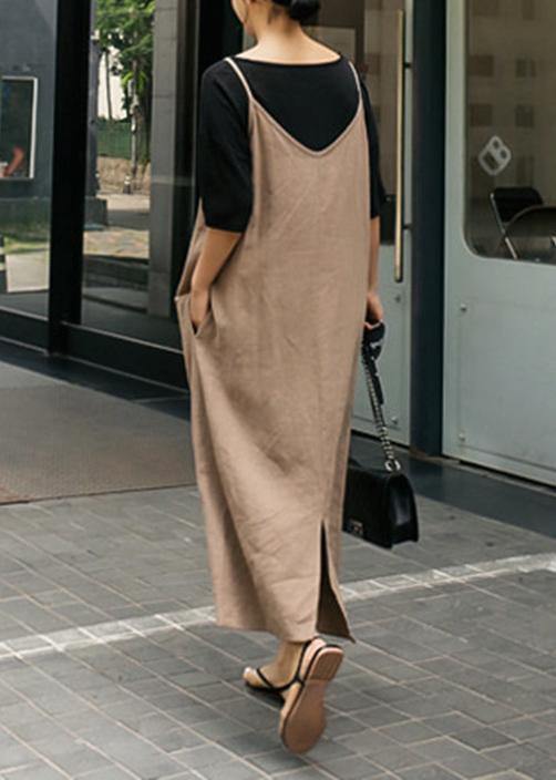 French Spaghetti Strap linen cotton Soft Surroundings khaki Dresses - SooLinen