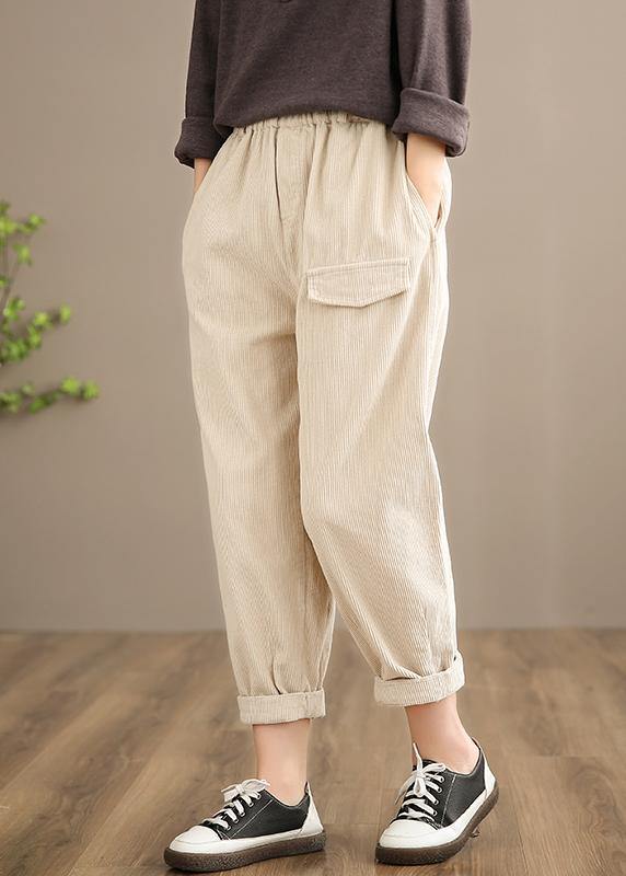 French Spring Trousers Plus Size Beige Inspiration Elastic Waist Pockets Pant - SooLinen