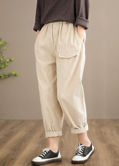 French Spring Trousers Plus Size Beige Inspiration Elastic Waist Pockets Pant - SooLinen