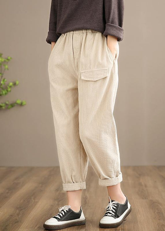 French Spring Trousers Plus Size Beige Inspiration Elastic Waist Pockets Pant - SooLinen