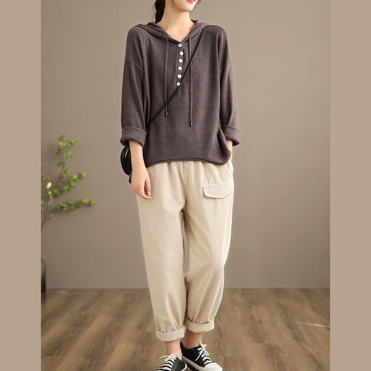 French Spring Trousers Plus Size Beige Inspiration Elastic Waist Pockets Pant - SooLinen