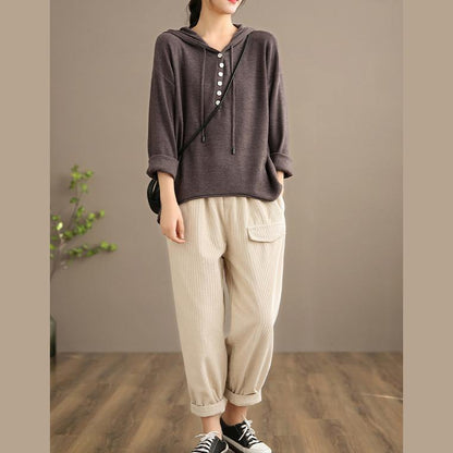 French Spring Trousers Plus Size Beige Inspiration Elastic Waist Pockets Pant - SooLinen