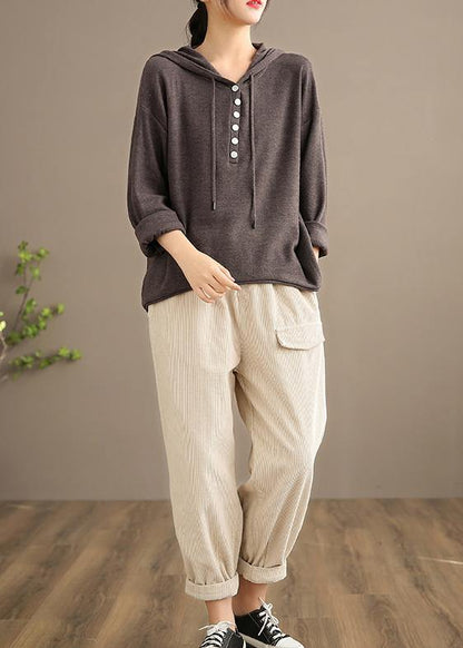 French Spring Trousers Plus Size Beige Inspiration Elastic Waist Pockets Pant - SooLinen