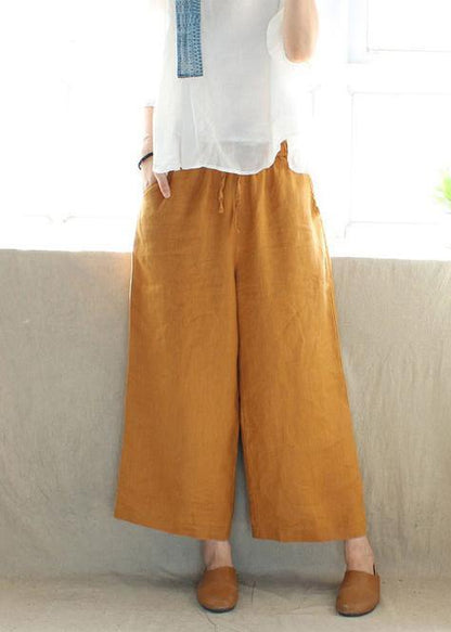 French Spring Women Pants Plus Size Yellow Design Elastic Waist Pockets Wild Pants - SooLinen
