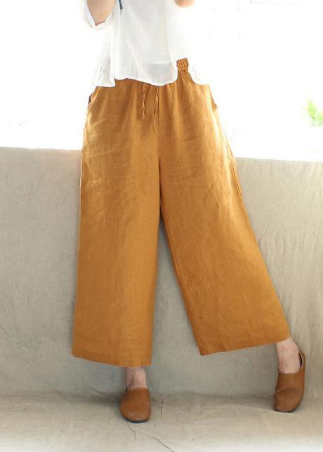 French Spring Women Pants Plus Size Yellow Design Elastic Waist Pockets Wild Pants - SooLinen