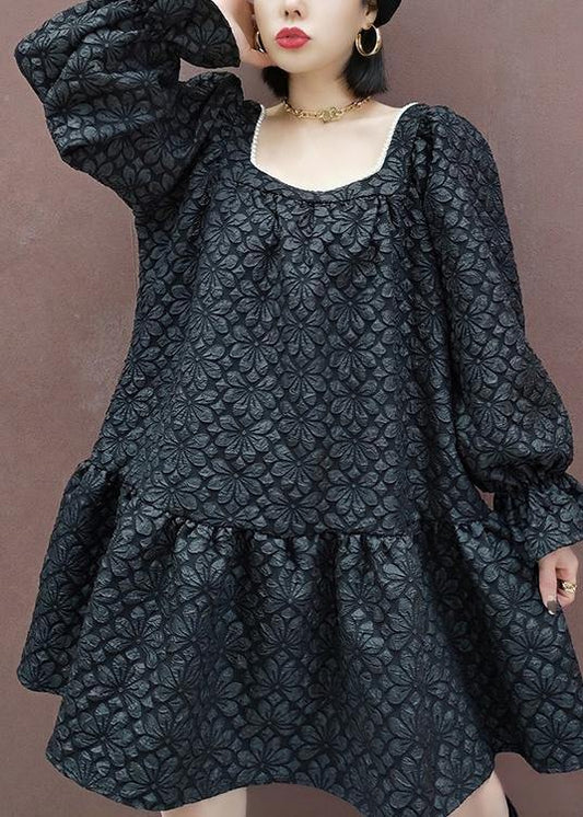 French Square Collar Patchwork Spring Tunic Sewing Black Flower Dress - SooLinen