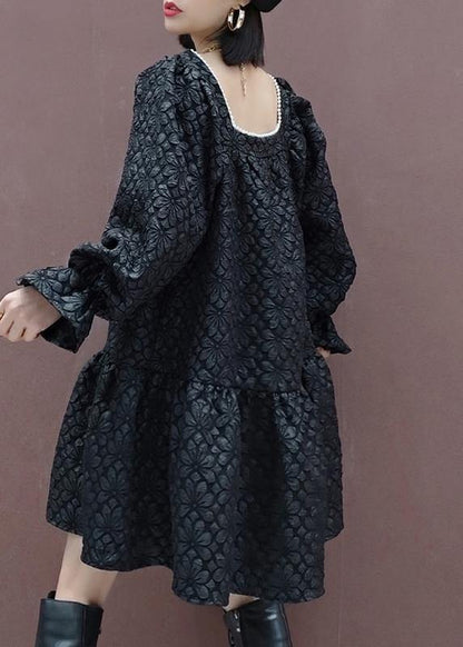 French Square Collar Patchwork Spring Tunic Sewing Black Flower Dress - SooLinen