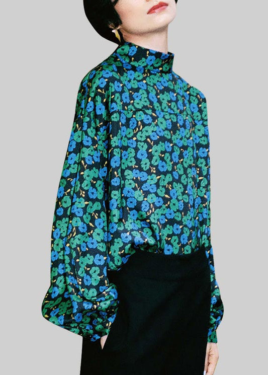 French Stand Collar Print Silk Shirts Lantern Sleeve