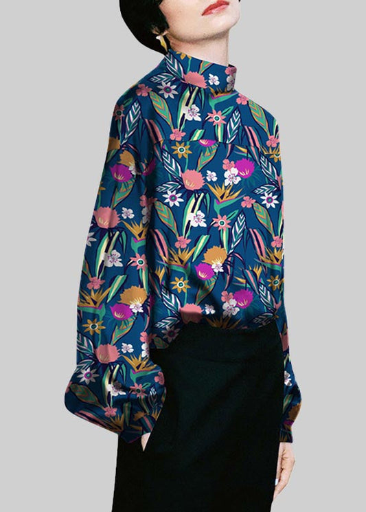 French Stand Collar Print Silk Shirts Lantern Sleeve