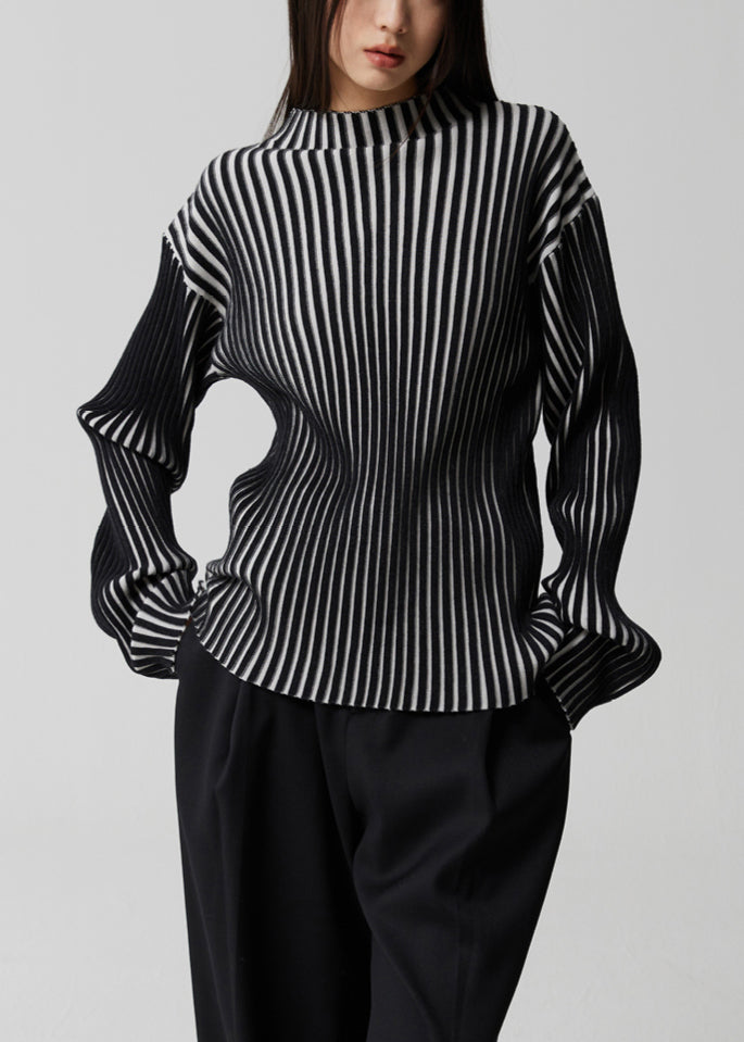 Französisches gestreiftes Patchwork-Strickoberteil mit Stehkragen und langen Ärmeln