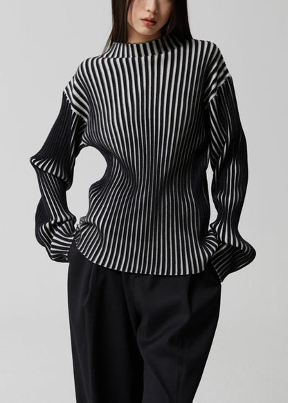 Französisches gestreiftes Patchwork-Strickoberteil mit Stehkragen und langen Ärmeln