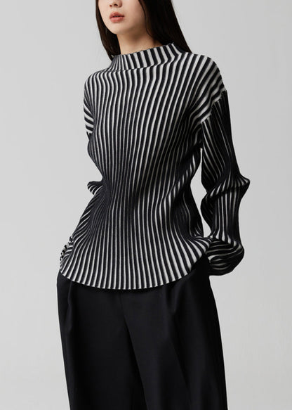 Französisches gestreiftes Patchwork-Strickoberteil mit Stehkragen und langen Ärmeln