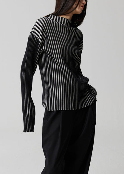 Französisches gestreiftes Patchwork-Strickoberteil mit Stehkragen und langen Ärmeln