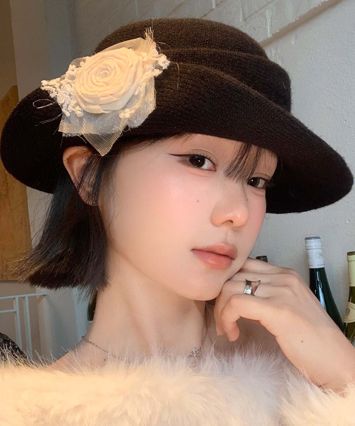 French Style Black Floral Knit Cloche Hat