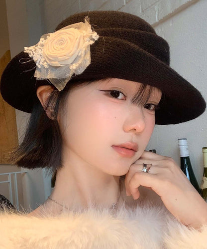 French Style Black Floral Knit Cloche Hat