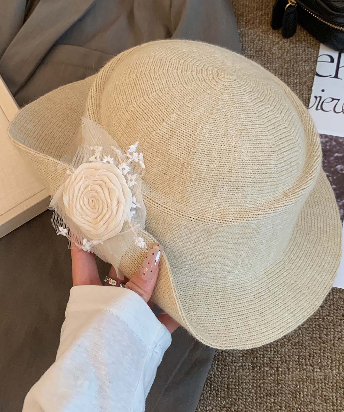 French Style Black Floral Knit Cloche Hat