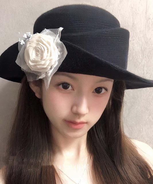 French Style Black Floral Versatile Knit Cloche Hat