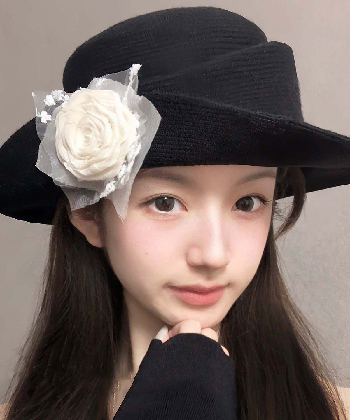 French Style Black Floral Versatile Knit Cloche Hat