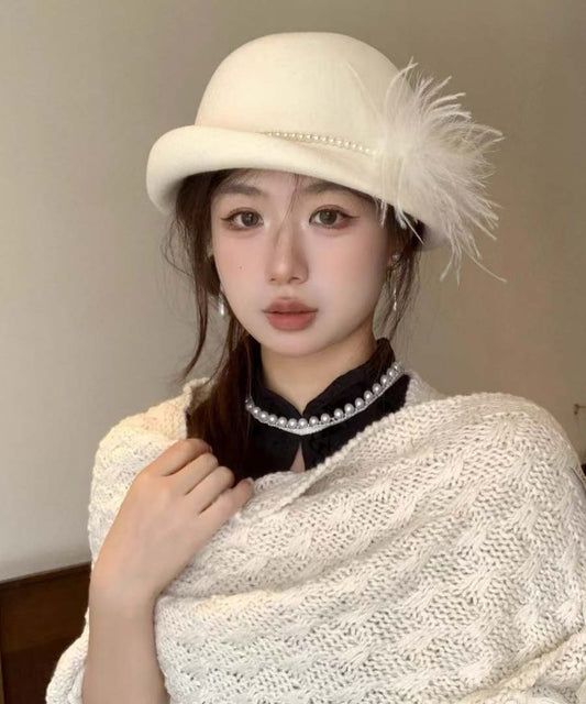 French Style White Nail Bead Feather Woolen Bucket Hat
