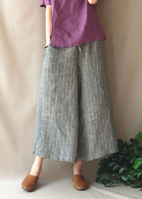 French Summer Women Pants Vintage Gray Striped Fabrics Pockets Pant - SooLinen