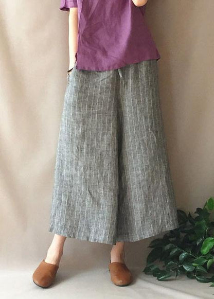 French Summer Women Pants Vintage Gray Striped Fabrics Pockets Pant - SooLinen
