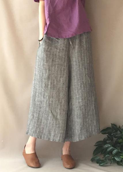 French Summer Women Pants Vintage Gray Striped Fabrics Pockets Pant - SooLinen