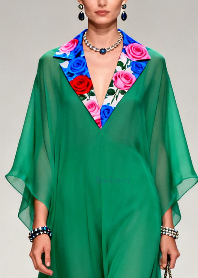 French Tea Green Notched Patchwork Chiffon Long Dresses Summer