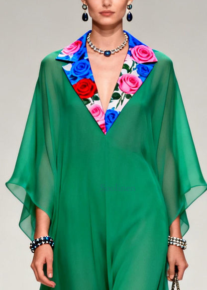 French Tea Green Notched Patchwork Chiffon Long Dresses Summer