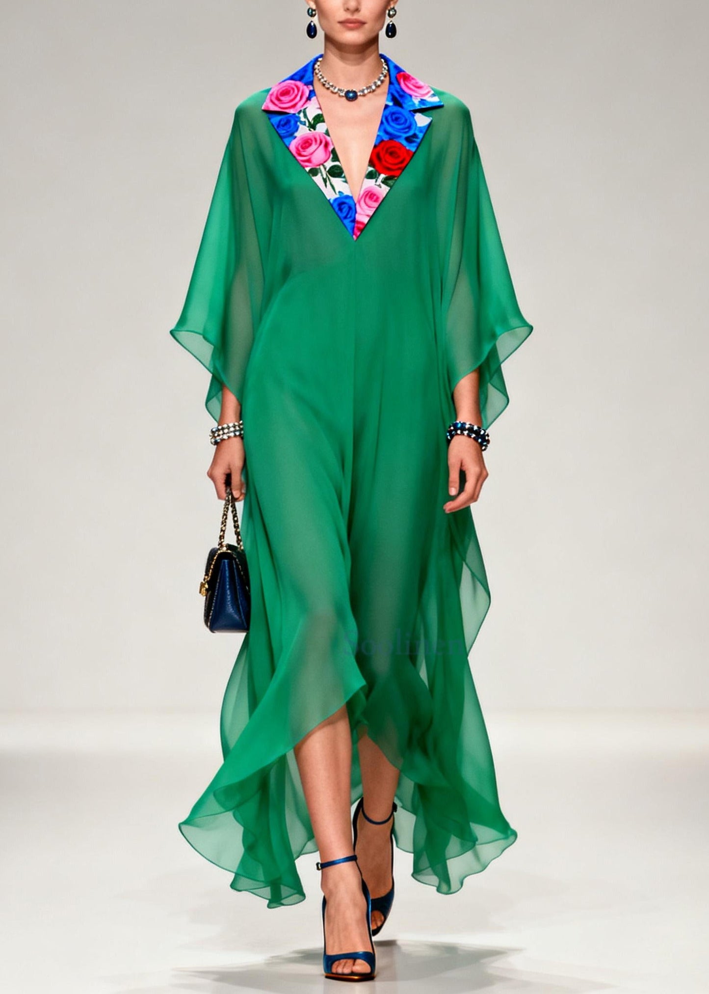French Tea Green Notched Patchwork Chiffon Long Dresses Summer