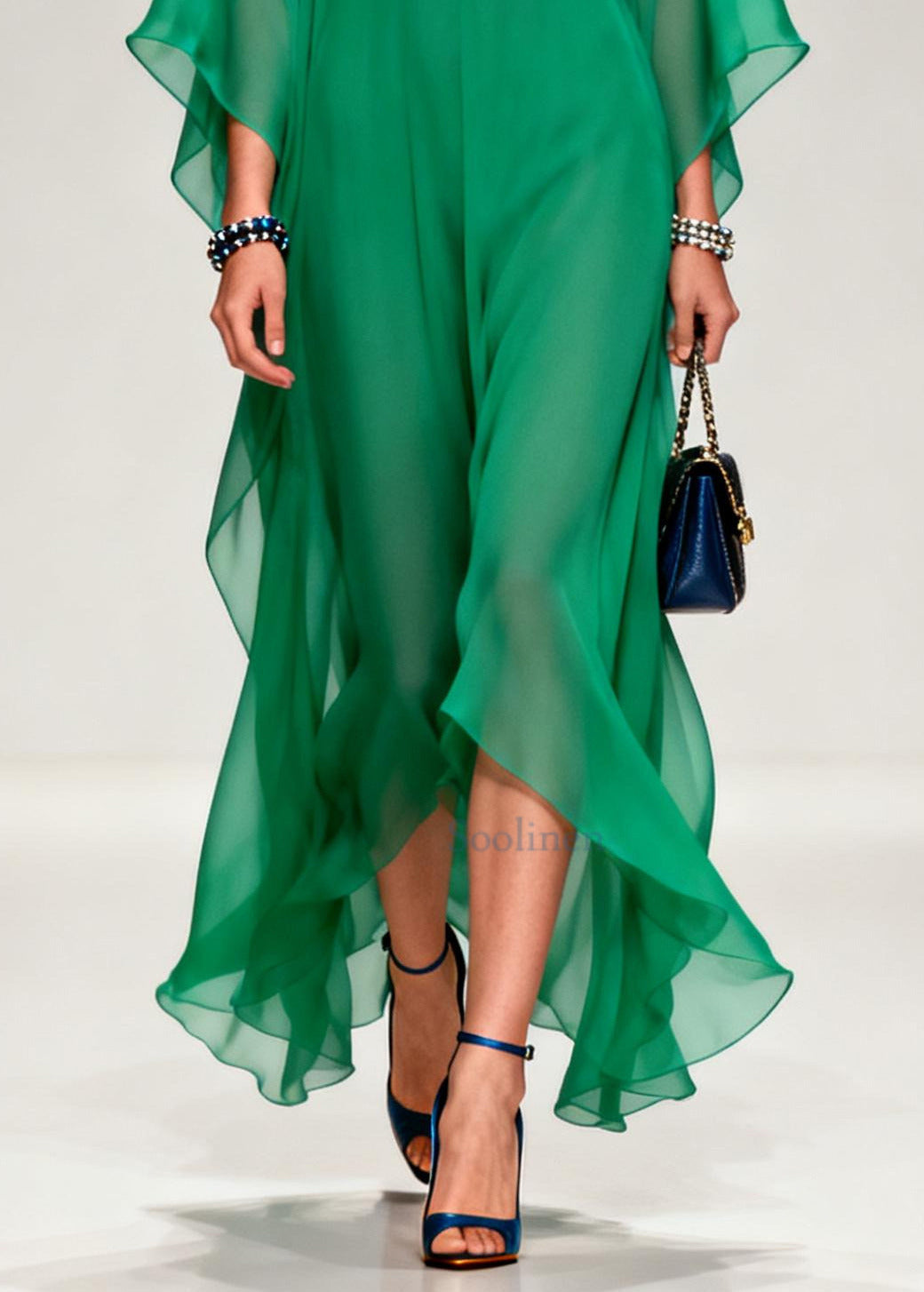 French Tea Green Notched Patchwork Chiffon Long Dresses Summer