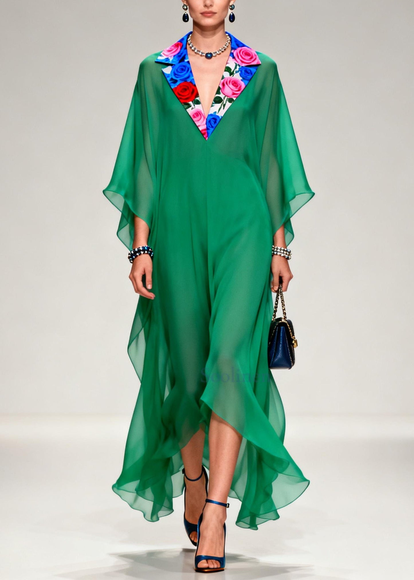 French Tea Green Notched Patchwork Chiffon Long Dresses Summer