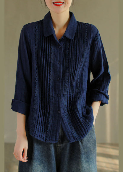 Französisch Tibetischen blau taste Peter Pan Kragen spitze Patchwork Baumwolle Hemd