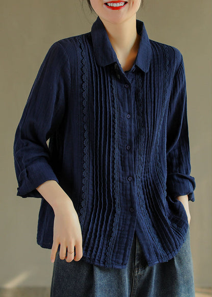 Französisch Tibetischen blau taste Peter Pan Kragen spitze Patchwork Baumwolle Hemd