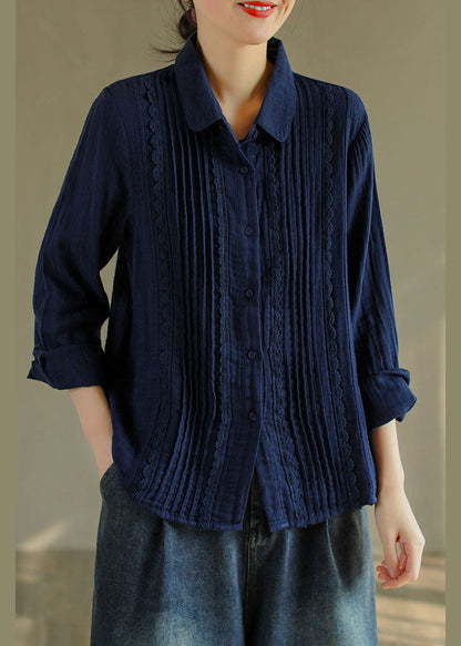 Französisch Tibetischen blau taste Peter Pan Kragen spitze Patchwork Baumwolle Hemd