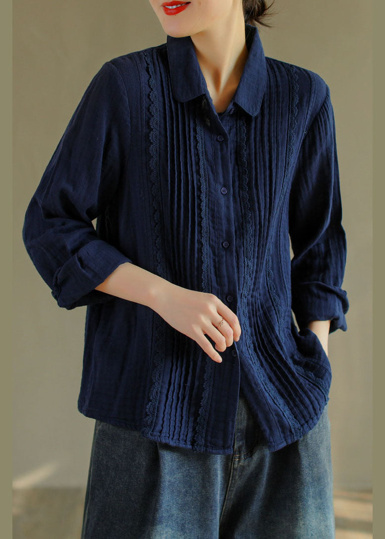 Französisch Tibetischen blau taste Peter Pan Kragen spitze Patchwork Baumwolle Hemd