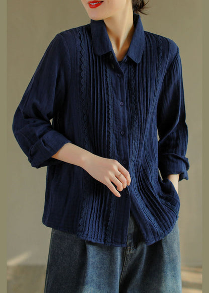 Französisch Tibetischen blau taste Peter Pan Kragen spitze Patchwork Baumwolle Hemd