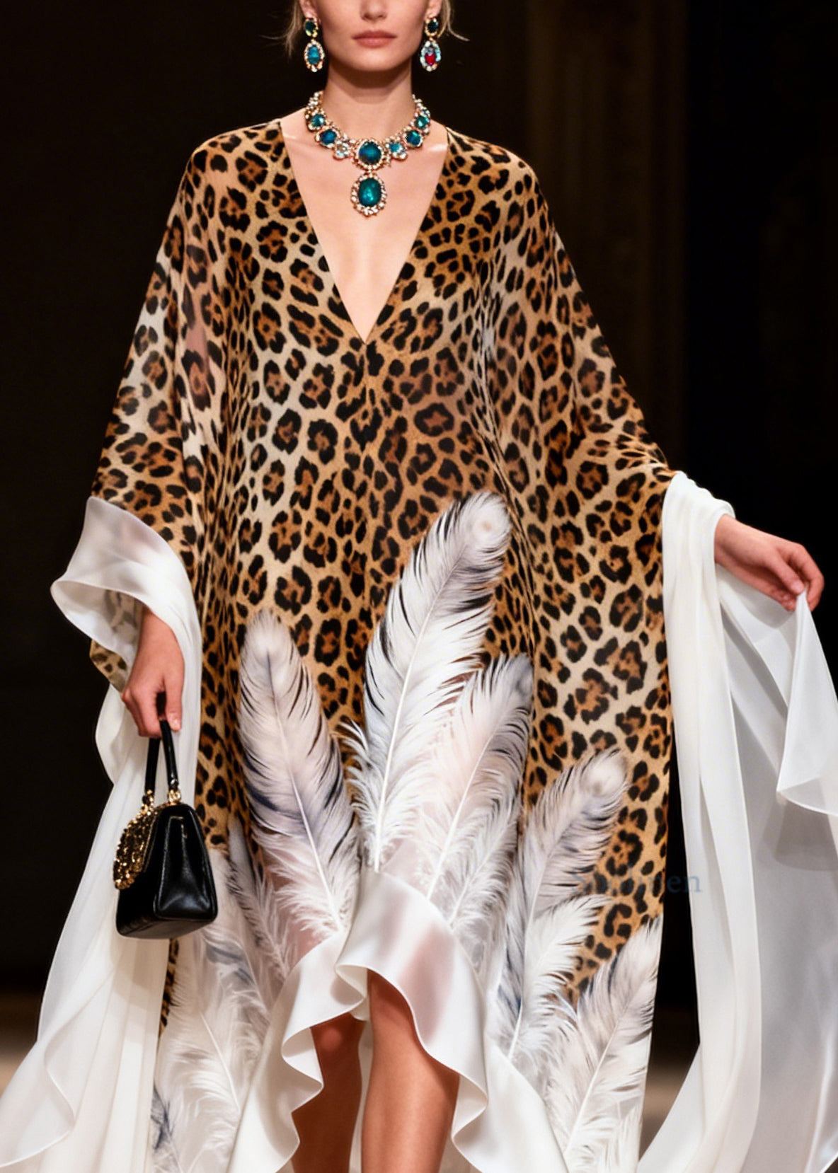 French V Neck Asymmetrical Design Print Chiffon Dress Summer