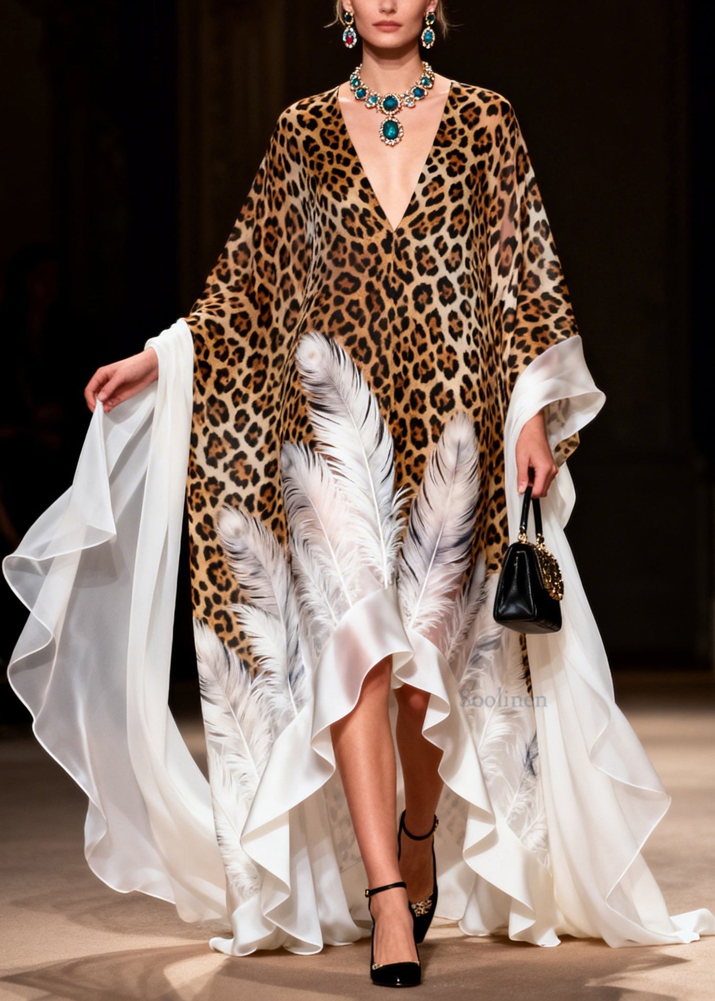 French V Neck Asymmetrical Design Print Chiffon Dress Summer