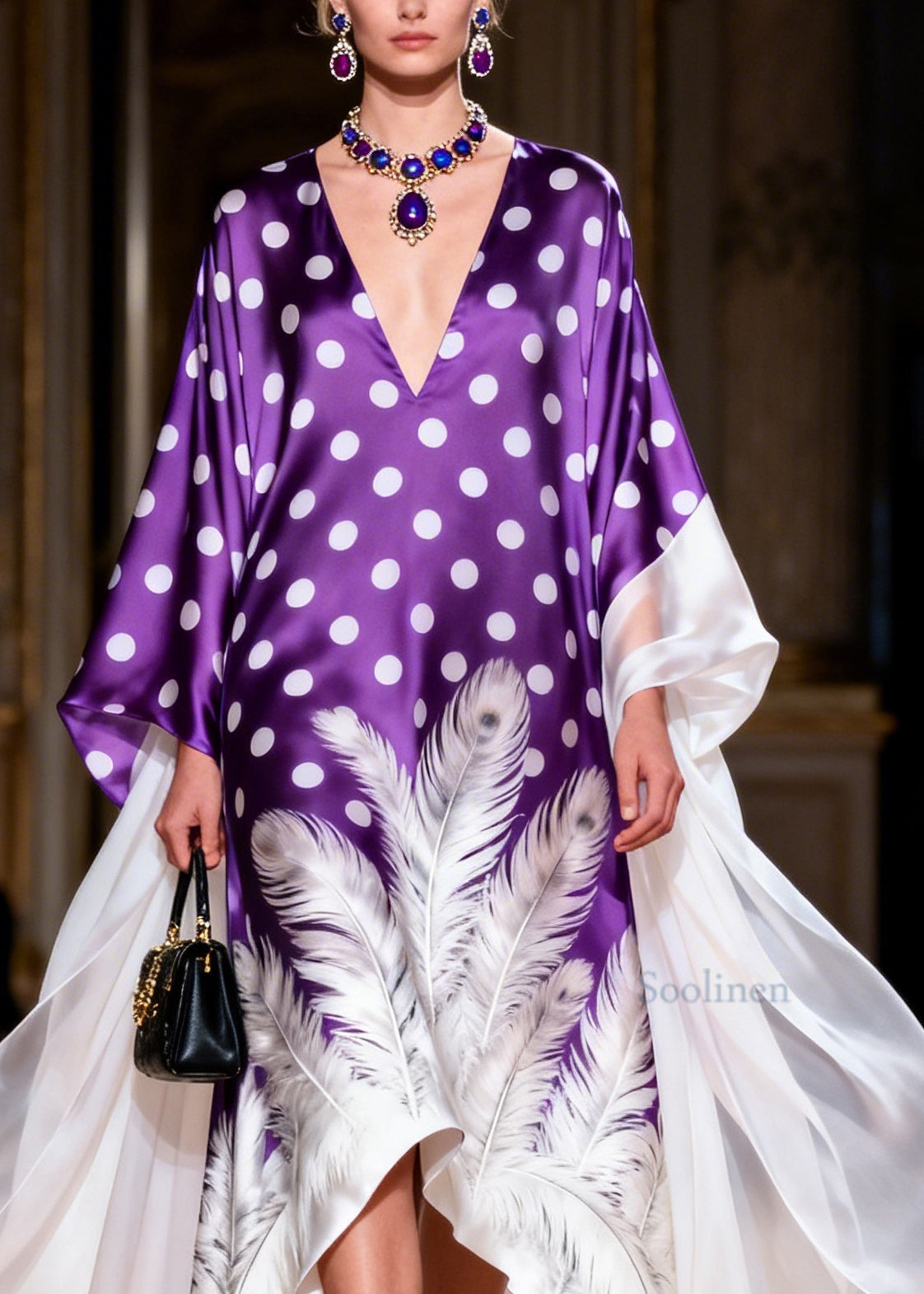 French V Neck Asymmetrical Design Print Silk Robe Dresses Summer