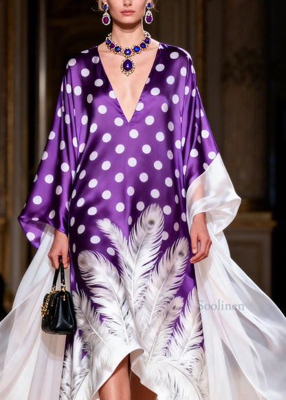 French V Neck Asymmetrical Design Print Silk Robe Dresses Summer