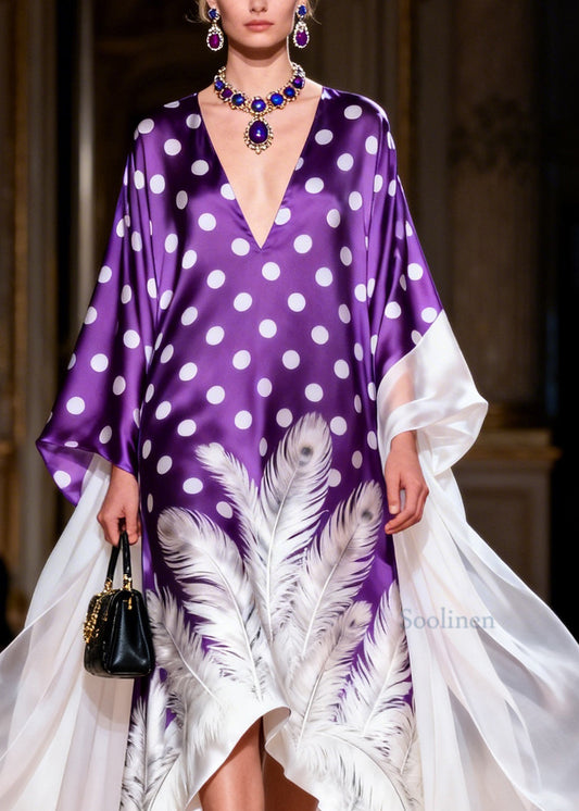 French V Neck Asymmetrical Design Print Silk Robe Dresses Summer
